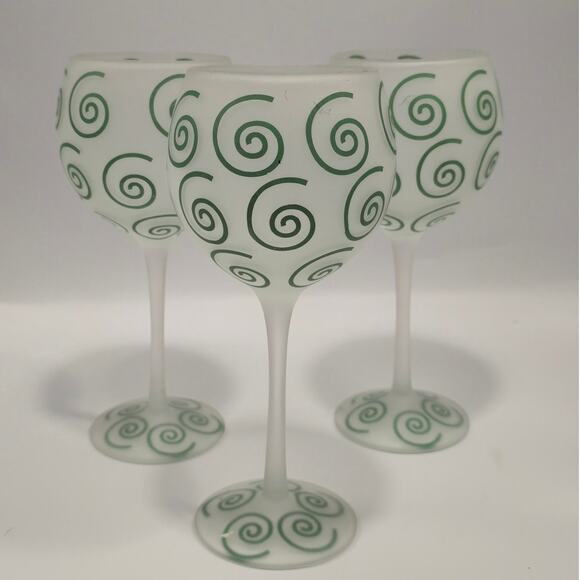 Set of 3 Green Swirl Frosted Wine Glasses with Shelf wear and Flaws See Pics - Picture 1 of 8